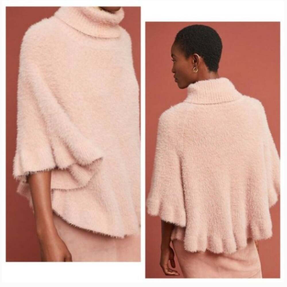 Anthropologie Falling Snow Ruffled Turtleneck Poncho Pink One Size